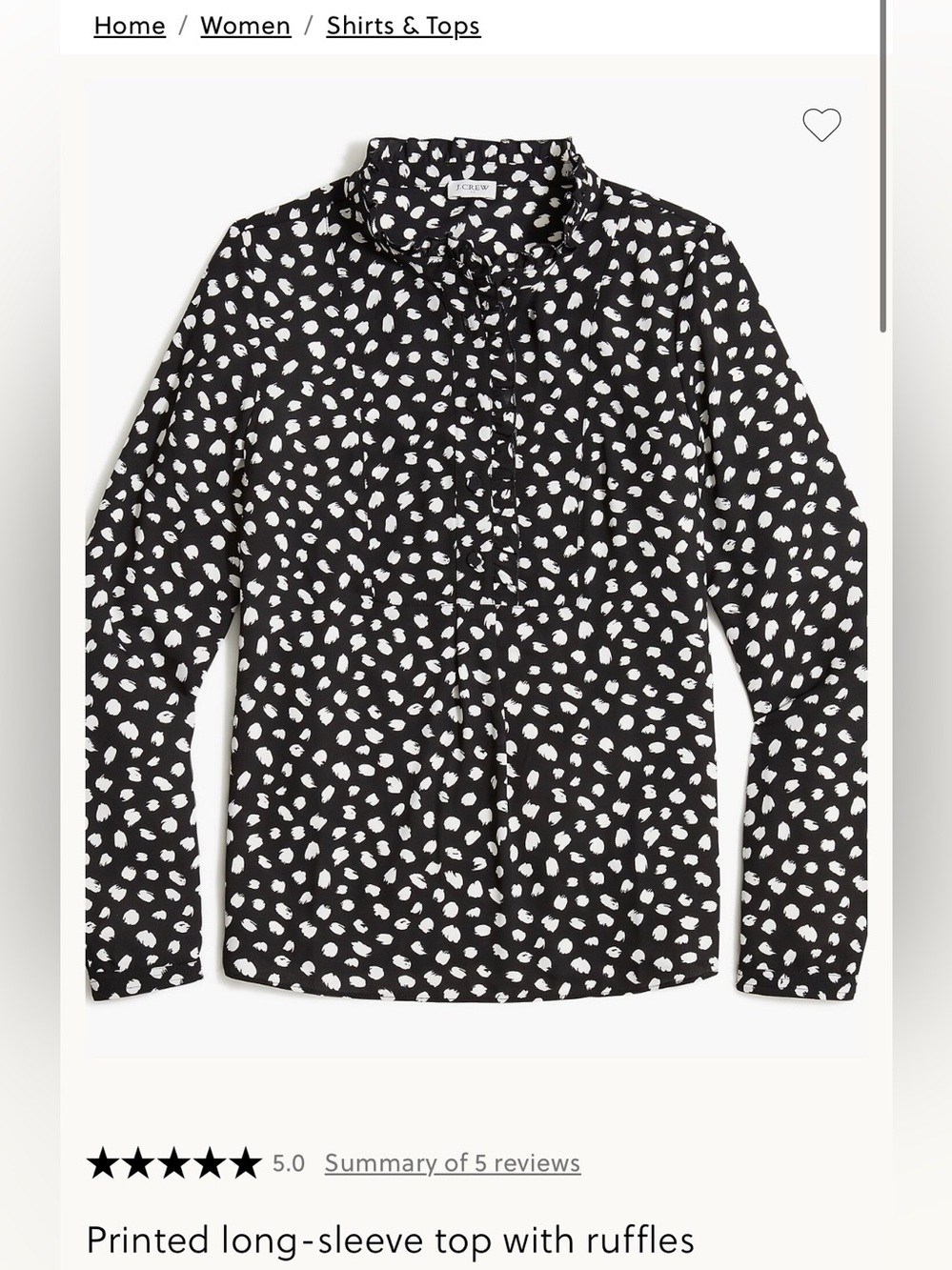 J Crew Black and White Dot Print Ruffle Long Sleeve Button-Down Blouse